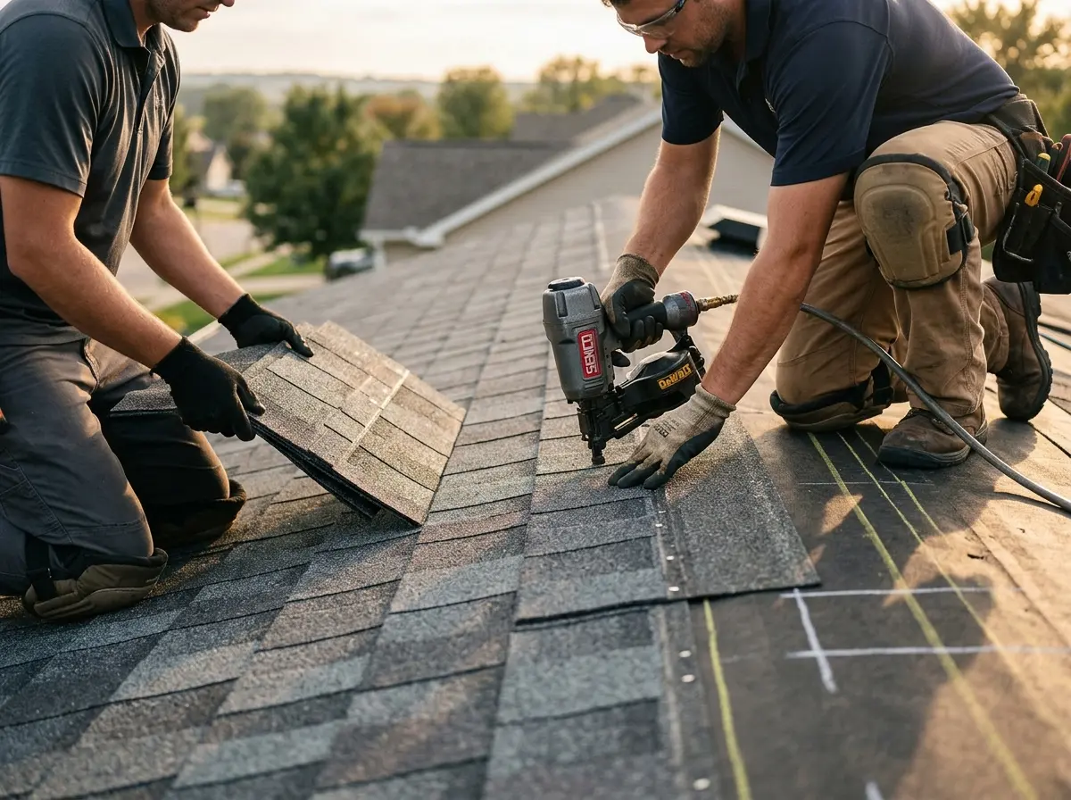 Professional roofer working on a residential roof in Slippery Rock